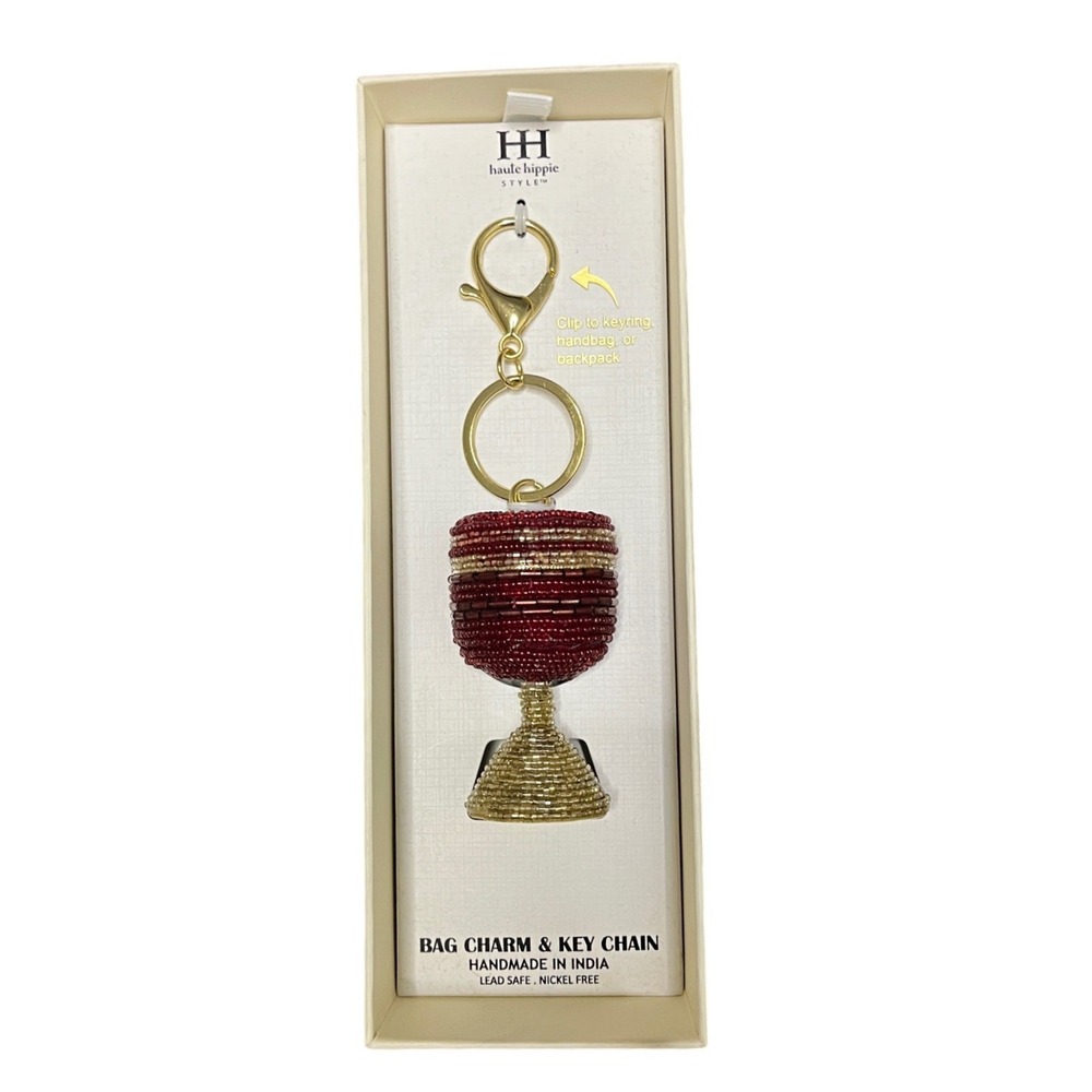 Haute Hippie Style Beaded Wine Glass Bag Charm Keychain Handmade India‎